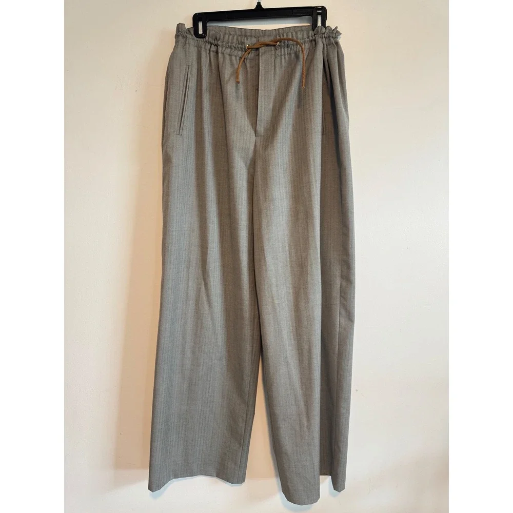 Michael Kors Womens Grey Herringbone Wool Wide Leg Trousers Made in Italy Size M